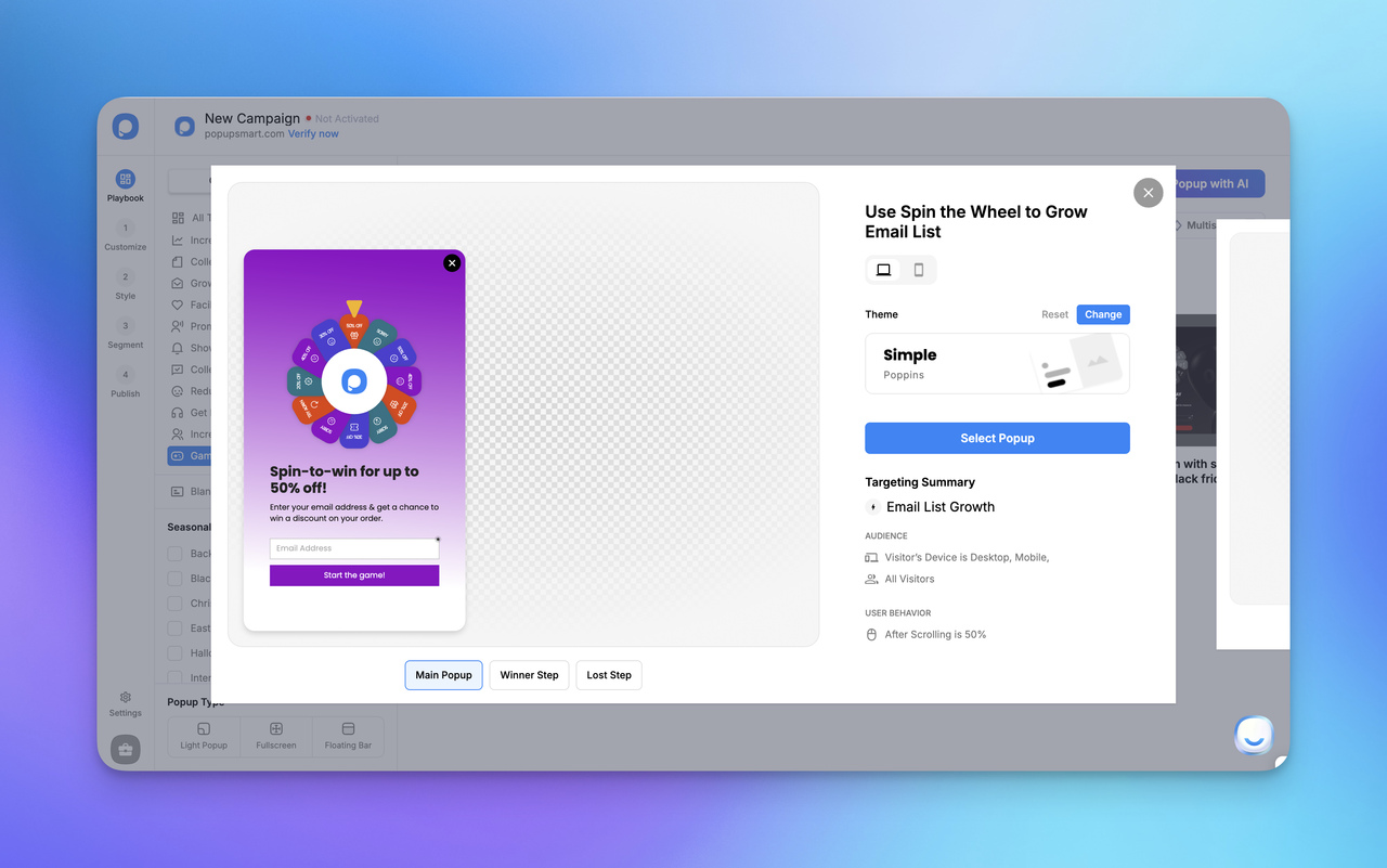 Pop-up design interface showcasing a "Spin-to-win" campaign for email list growth with discount offers and user input fields.