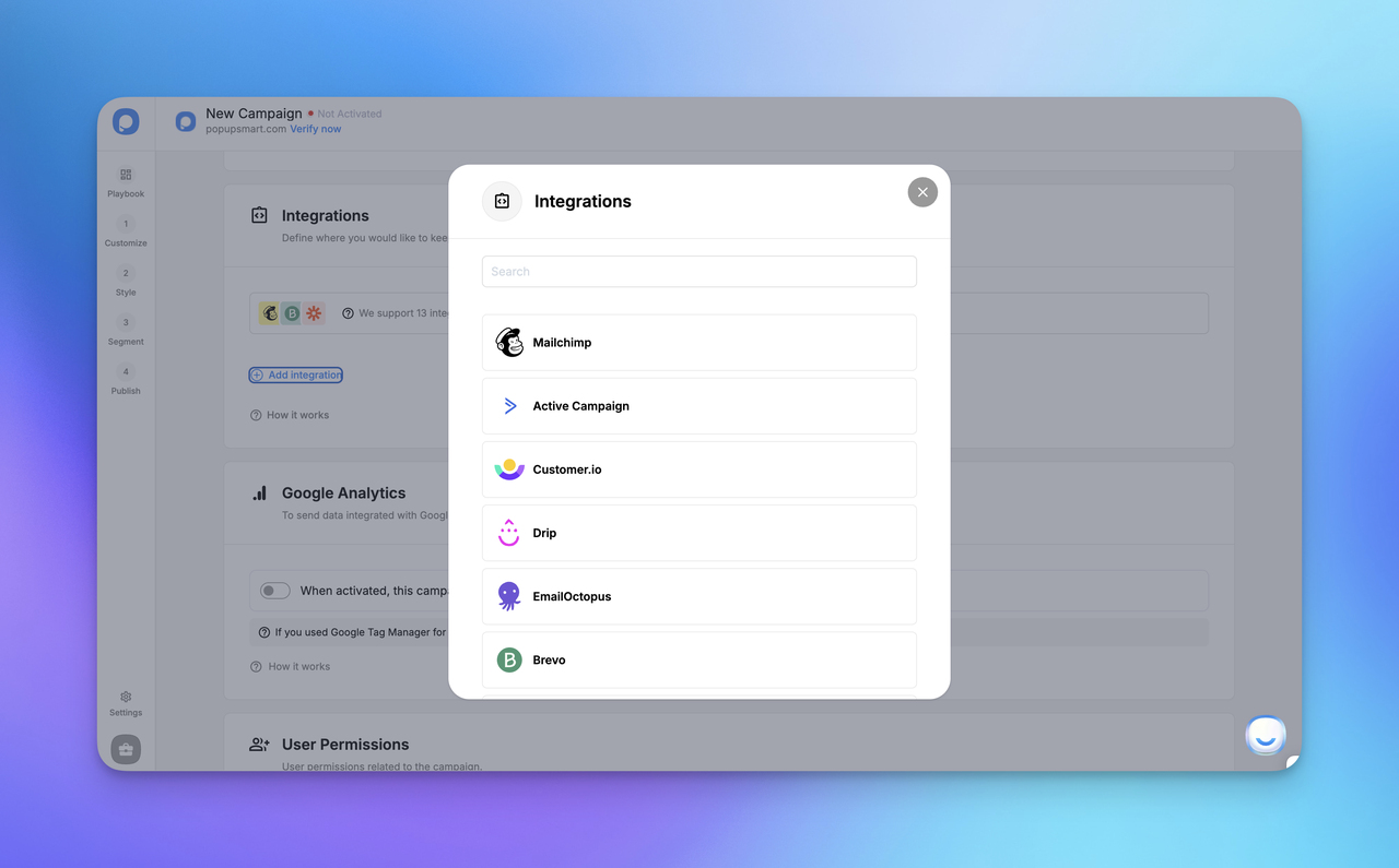 Screen displaying a popup campaign creation interface with options for naming and domain selection in a user-friendly design.