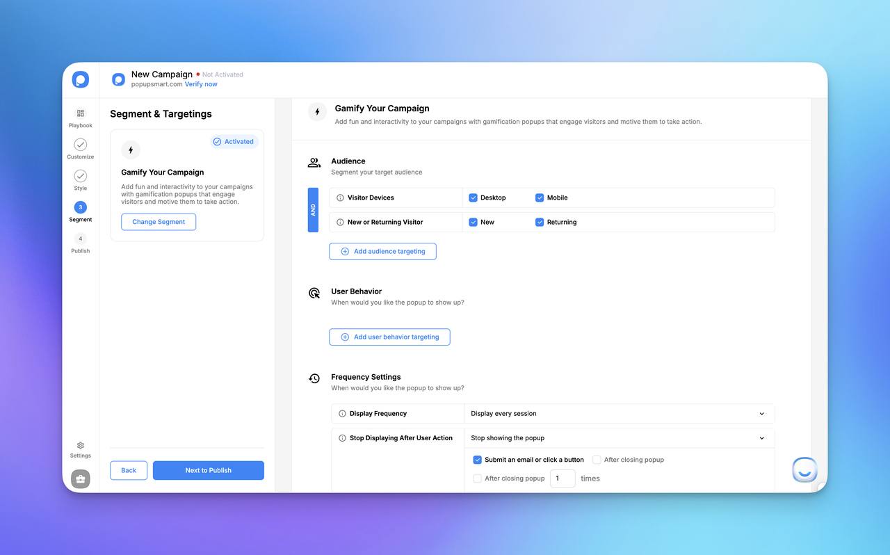 Screenshot of a digital campaign creation interface, highlighting audience targeting and user behavior settings for gamification popups.