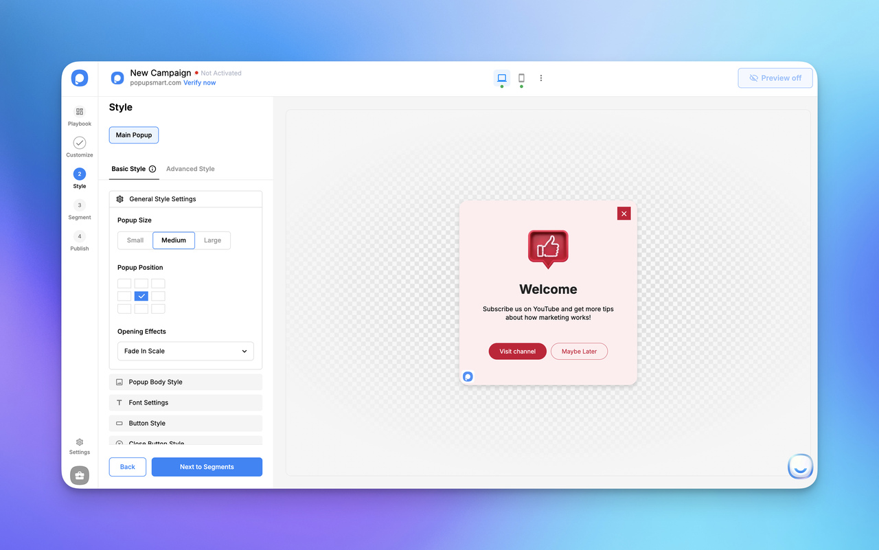 A digital interface showing a welcome popup for a campaign, featuring options to subscribe or dismiss, set against a gradient background.