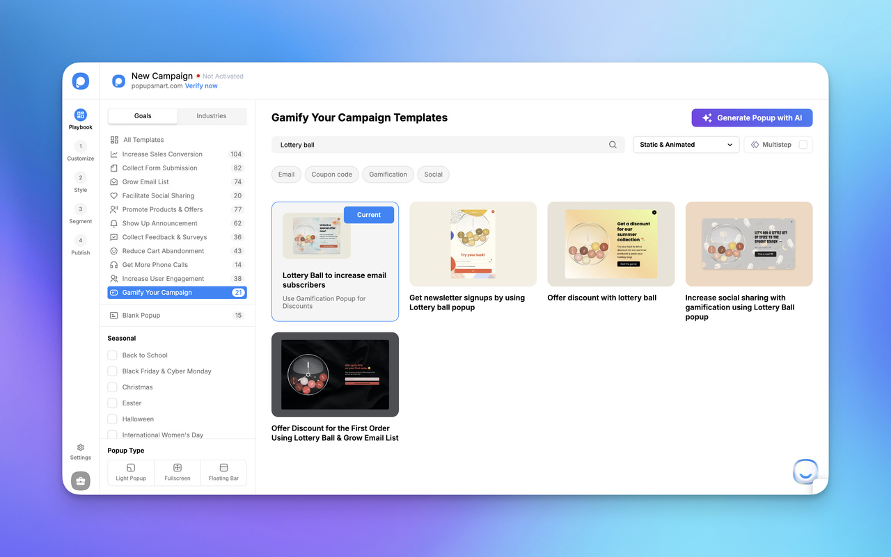 Screenshot of a campaign creation interface featuring gamification templates, including a "Lottery Ball" option for enhancing subscriber engagement.