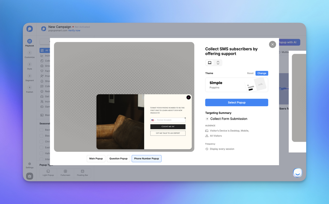 Screenshot of a popup creation interface, with options for SMS subscriber collection and design customization settings displayed.