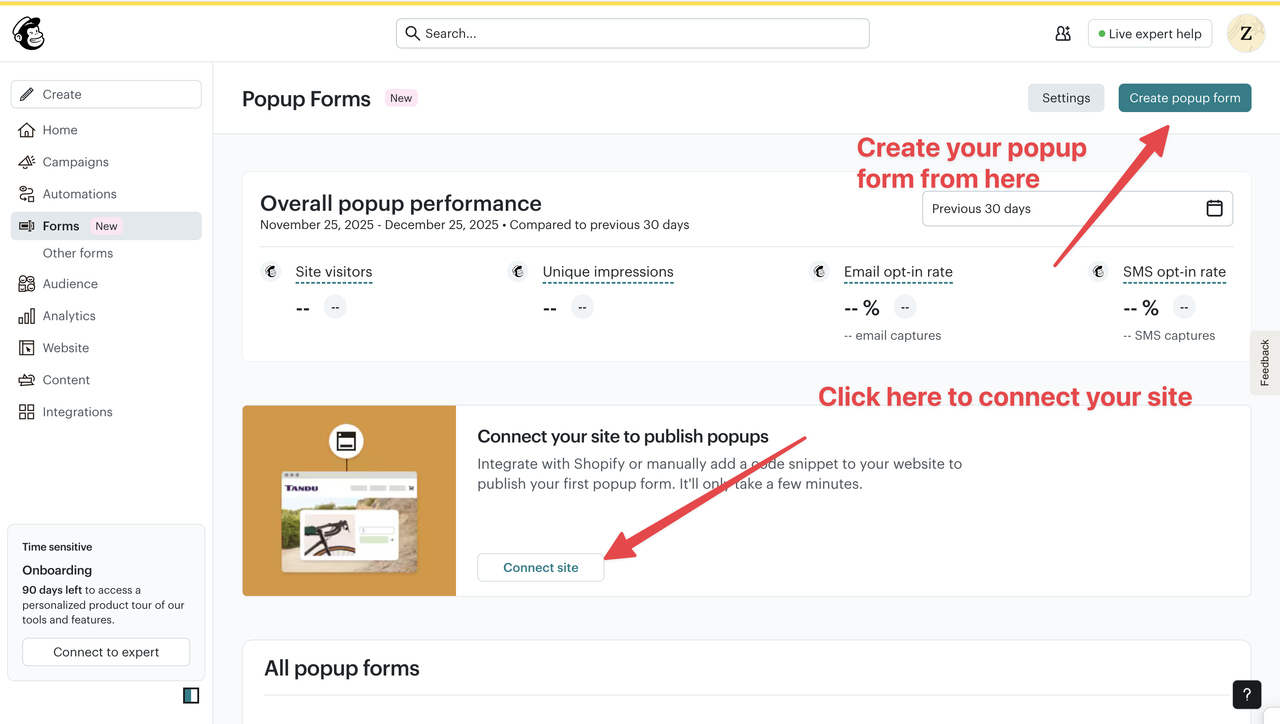 Screenshot of a dashboard for creating popup forms, highlighting options to connect a site and view performance metrics.