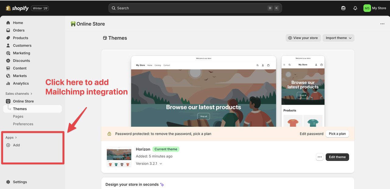 Screenshot of a Shopify themes dashboard, highlighting the option to add Mailchimp integration in the "Apps" section.