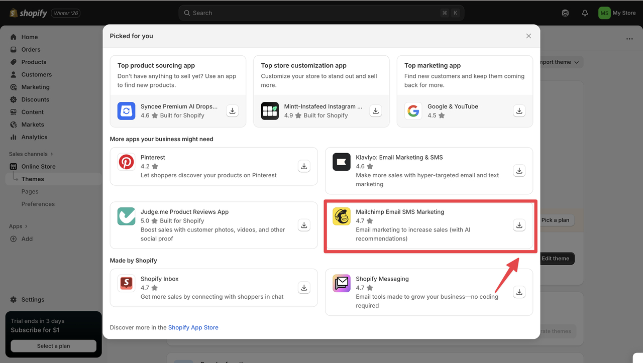 The image displays the Shopify app section, highlighting Mailchimp Email SMS Marketing with a 4.7 rating and a download option.