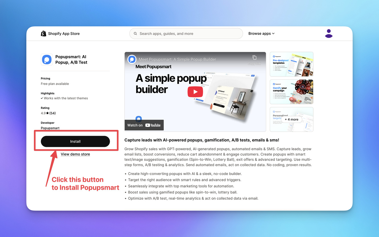 Screenshot of Popupsmart on Shopify Store.