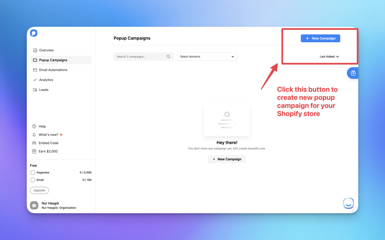 Popupsmart dashboard showing the Popup Campaigns page, with the New Campaign button highlighted in the top-right corner to create a new popup campaign for a Shopify store