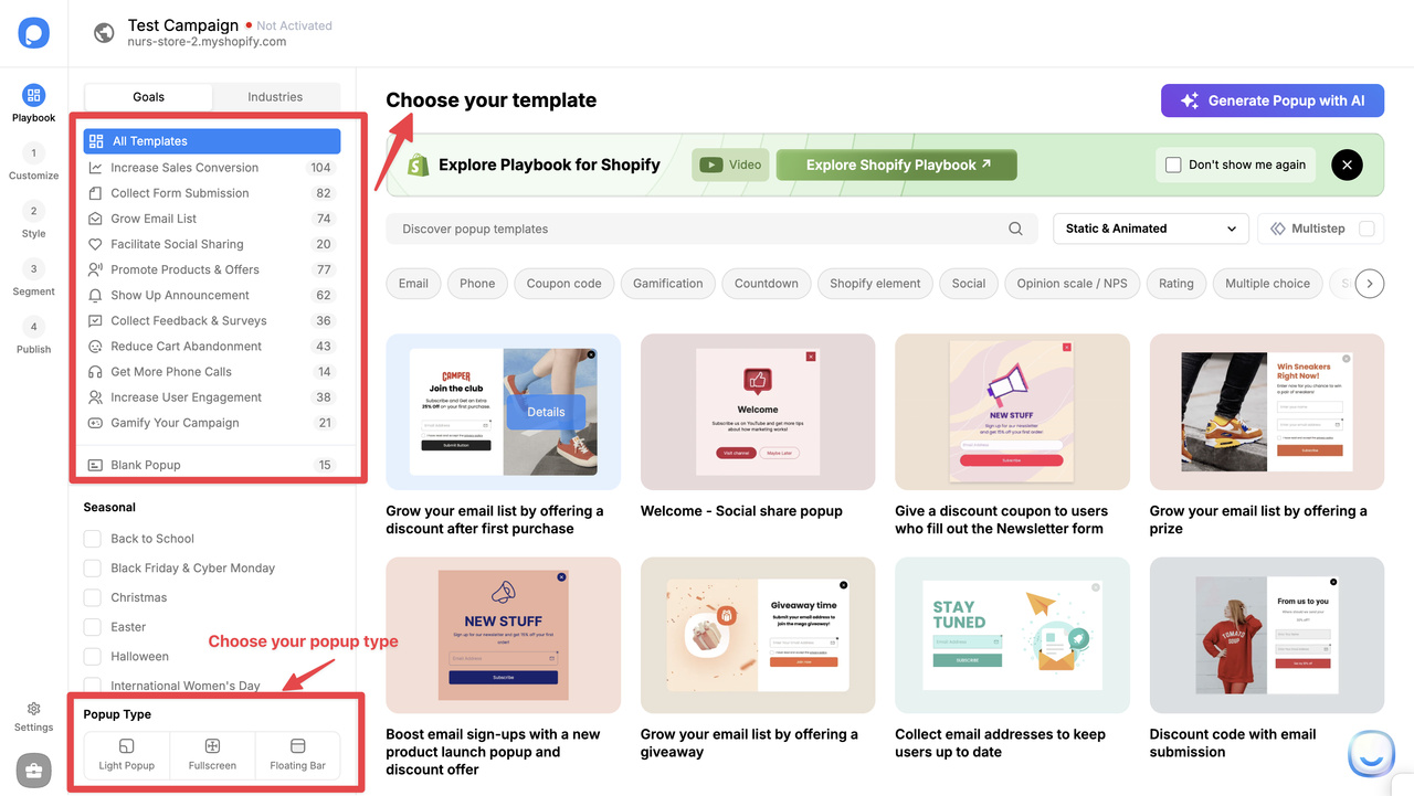 Popupsmart template gallery showing popup goals and popup type options, with different popup templates available to choose from.