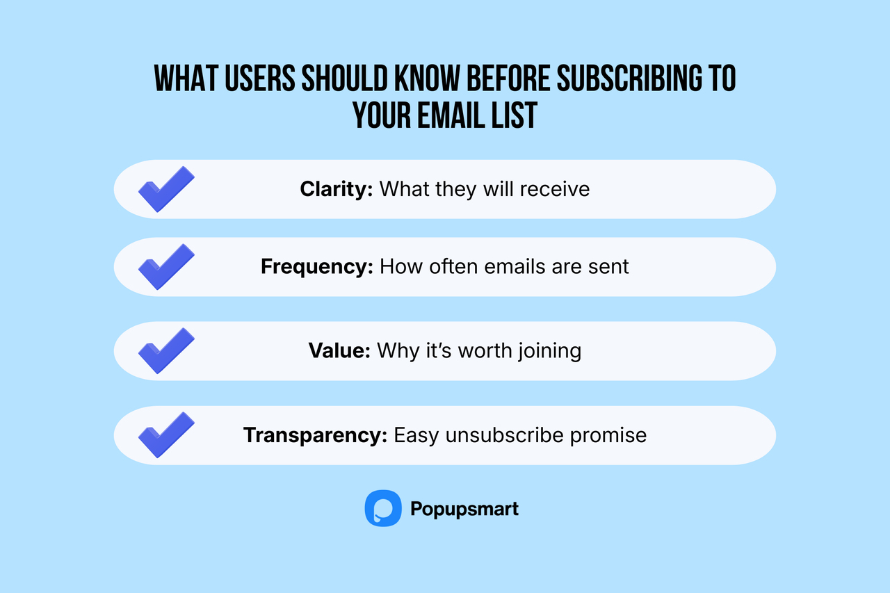 Infographic outlining key subscription tips: Clarity, Frequency, Value, and Transparency. Includes Popupsmart logo at the bottom.