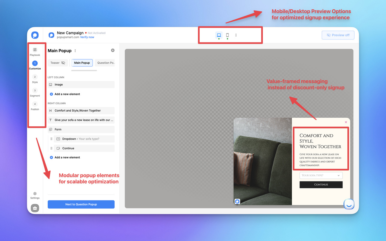 Screenshot of a popup campaign editor, showcasing customization options, preview settings, and a message about stylish sofa offerings.