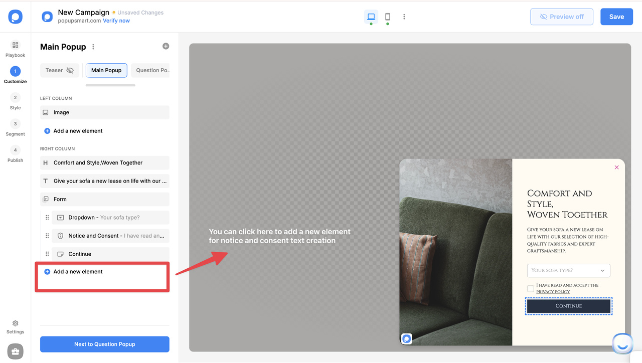 A screenshot of a website campaign editor showing a popup layout with a sofa image, text fields, and a button to continue.