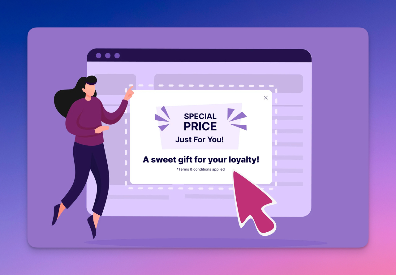 Website popup design example offering a special price loyalty reward, showcasing personalized on-site messaging in a modern purple UI layout.
