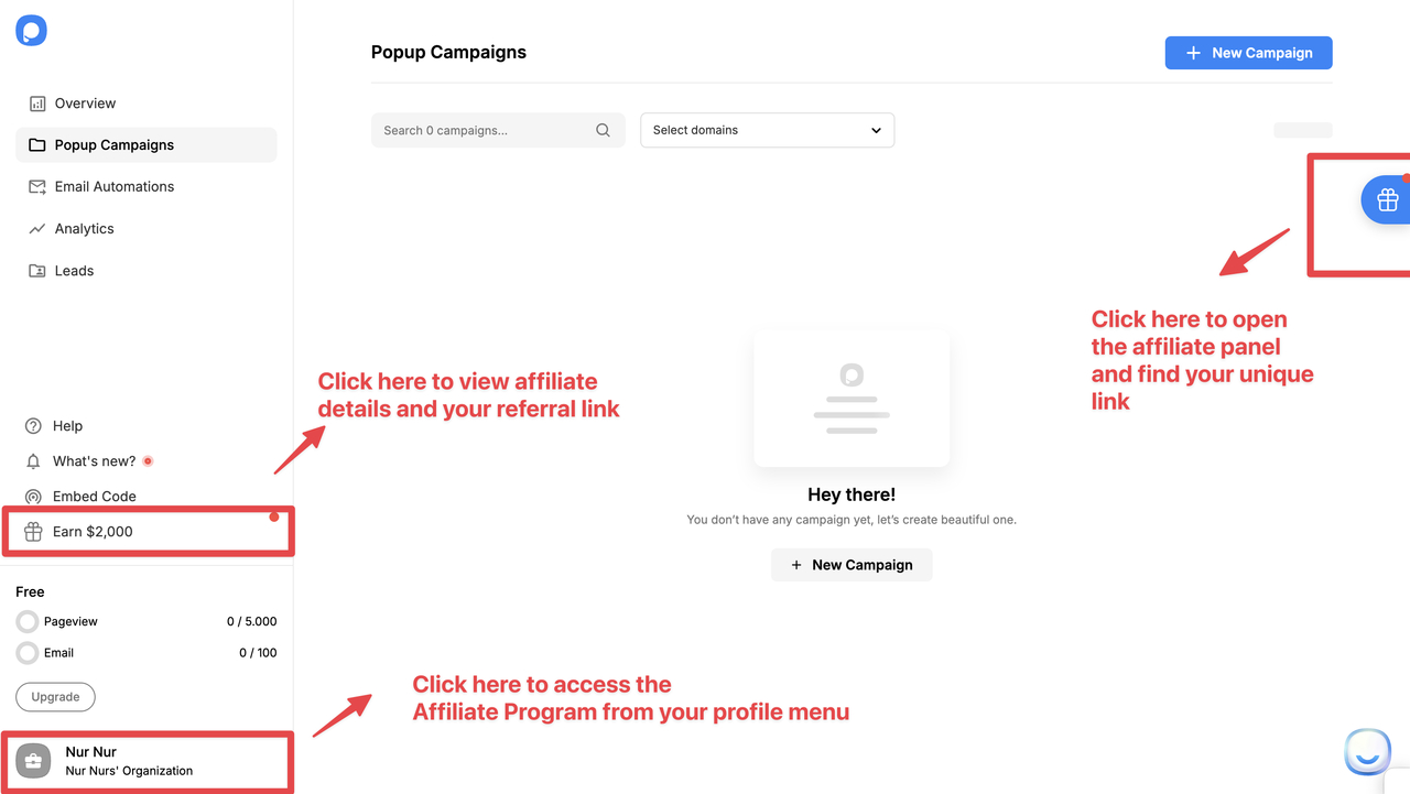 An image showing Popupsmart's product interface to find affiliate program details.