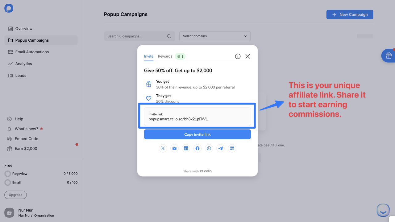 An image showing Popupsmart product interface and how to find unique affiliate link. 
