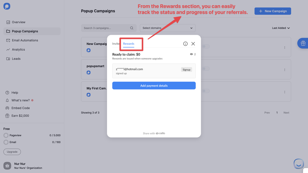 Dashboard displaying popup campaign options, with a "Rewards" section highlighted for tracking referral progress and claims.