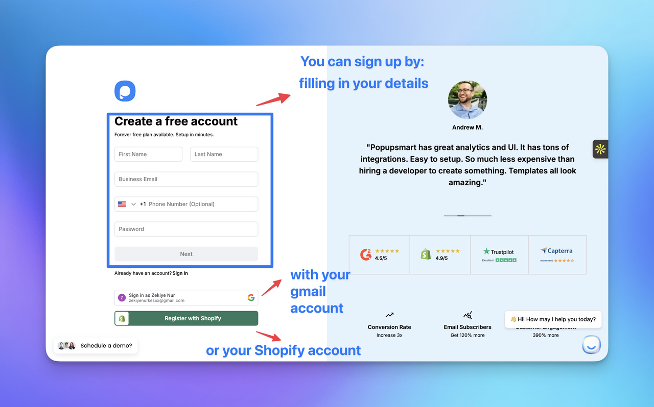 Signup interface for a service featuring fields for personal details, testimonial quotes, and integration options with Gmail or Shopify.