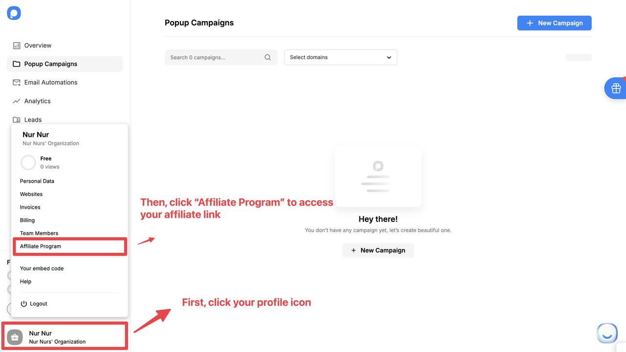 Dashboard showing the "Popup Campaigns" section with steps to access the "Affiliate Program" highlighted for user guidance.
