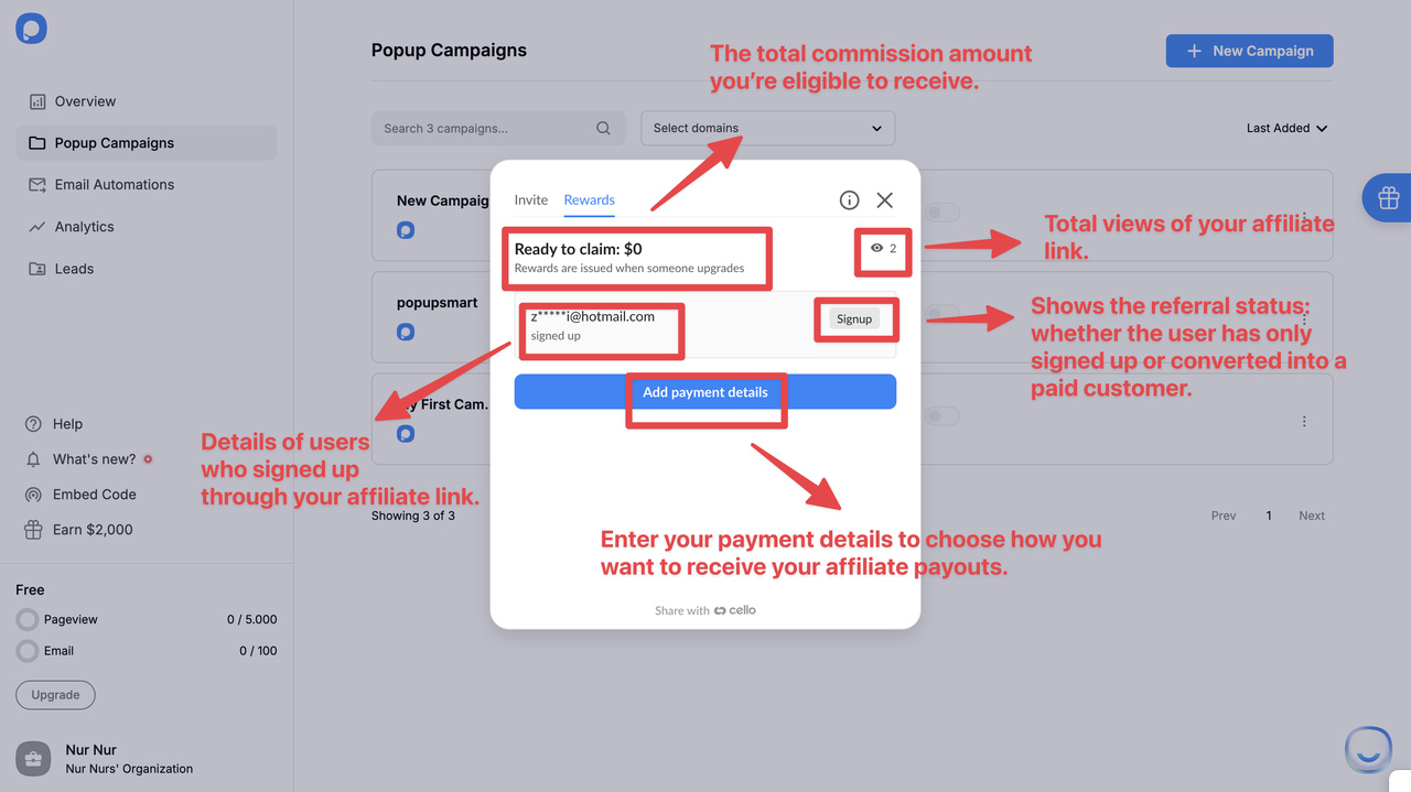 A screenshot of Popupsmart's product interface explaining reward section in affiliate dashboard. 