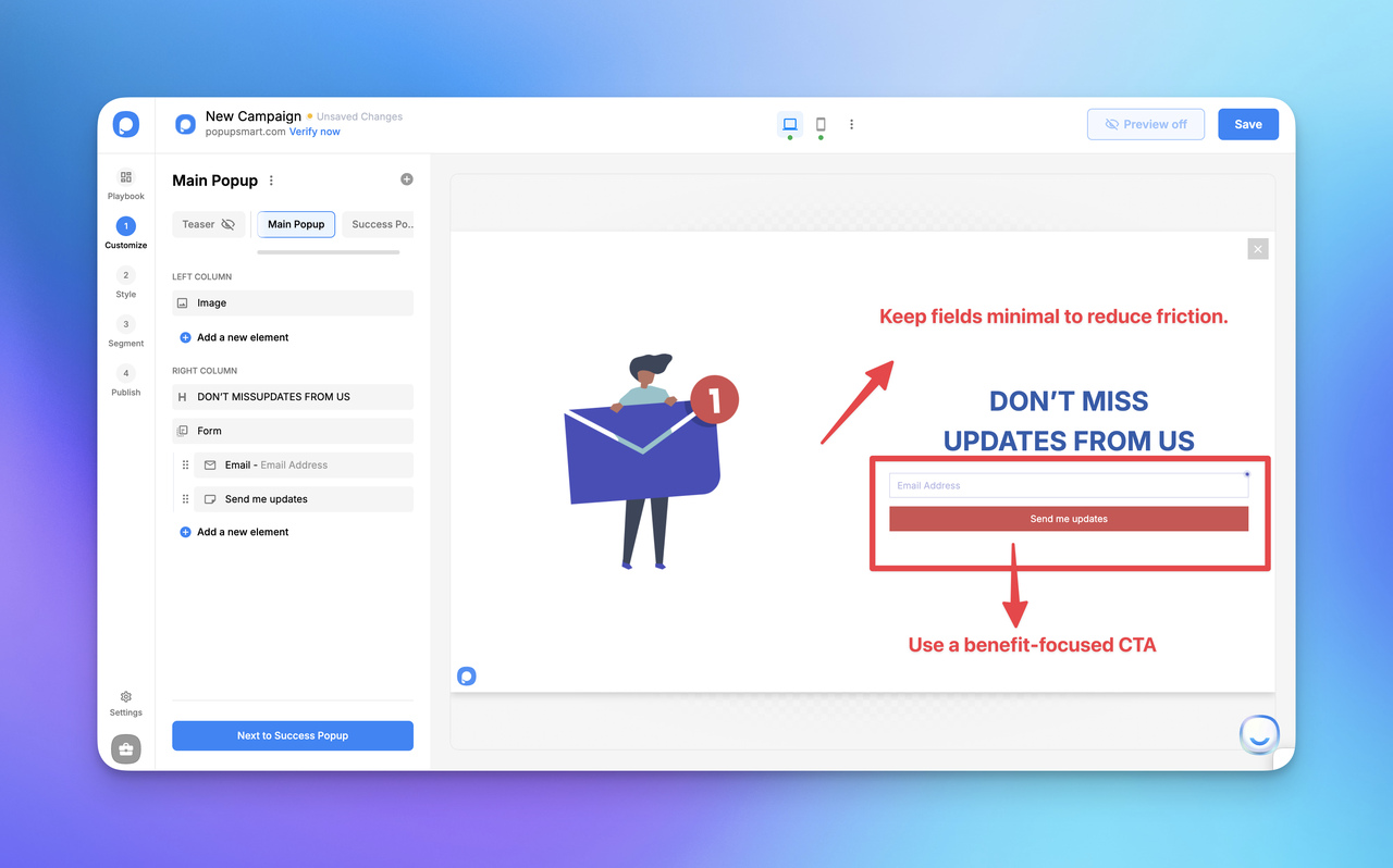 Screenshot of a webpage showing a pop-up form to collect email addresses, with tips on minimizing fields and an attention-grabbing CTA.
