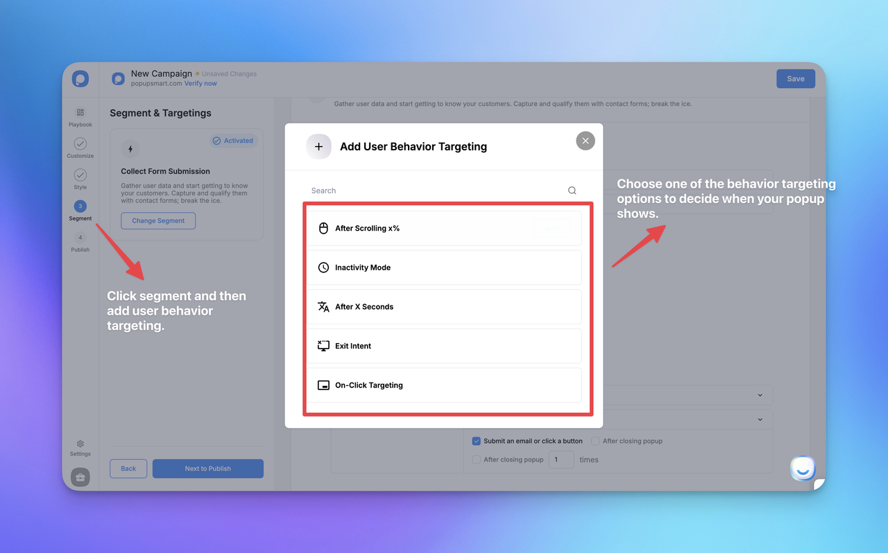 Screenshot of a campaign setup interface showing user behavior targeting options for popups, with instructions highlighted.