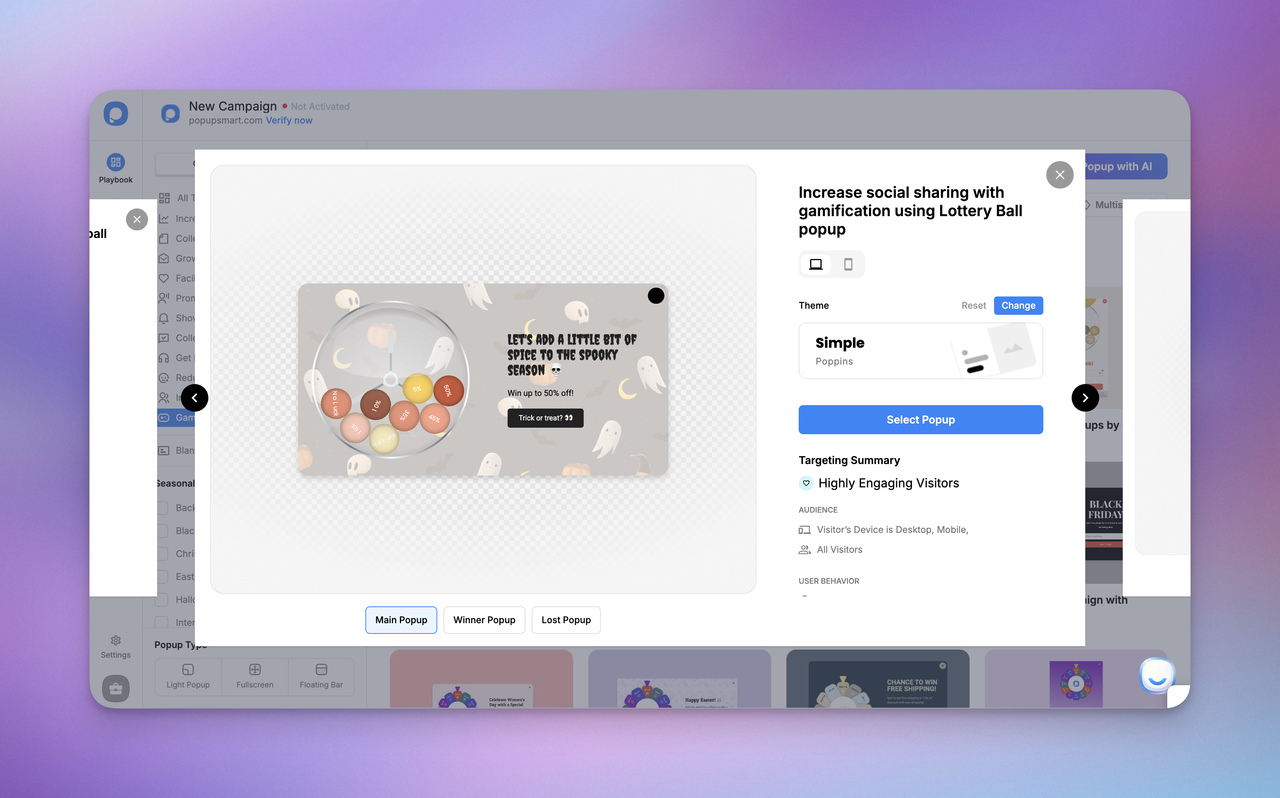A lottery ball popup design with playful ghosts, promoting a spooky season campaign and offering discounts up to 50%.