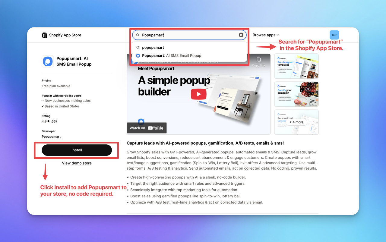 Screenshot of Shopify App Store displaying Popupsmart: AI SMS Email Popup, featuring installation instructions and app details.