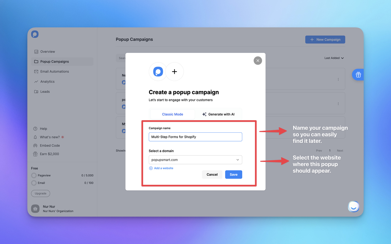 Popup campaign creation interface with fields for naming the campaign and selecting a website domain.