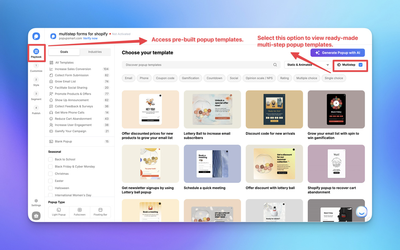 Screenshot of a popup template selection interface for Shopify, showcasing various pre-built templates and customization options.