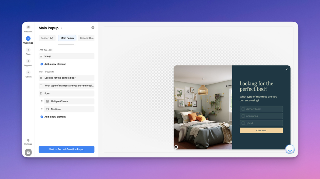 Exemplary image of a quiz funnel popup, for the specific part of adding the questions.