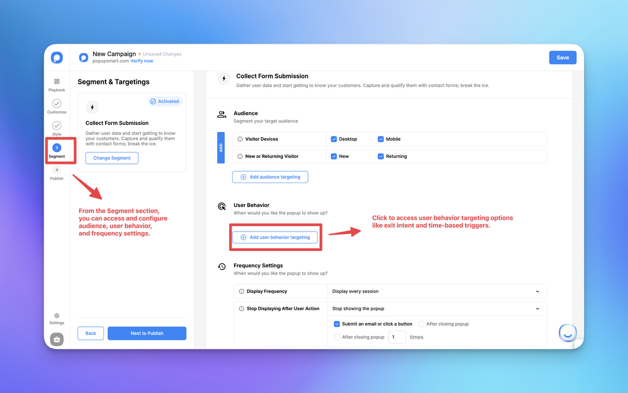 Screenshot of a digital marketing tool interface highlighting the "Segment & Targetings" section with options for audience and user behavior settings.