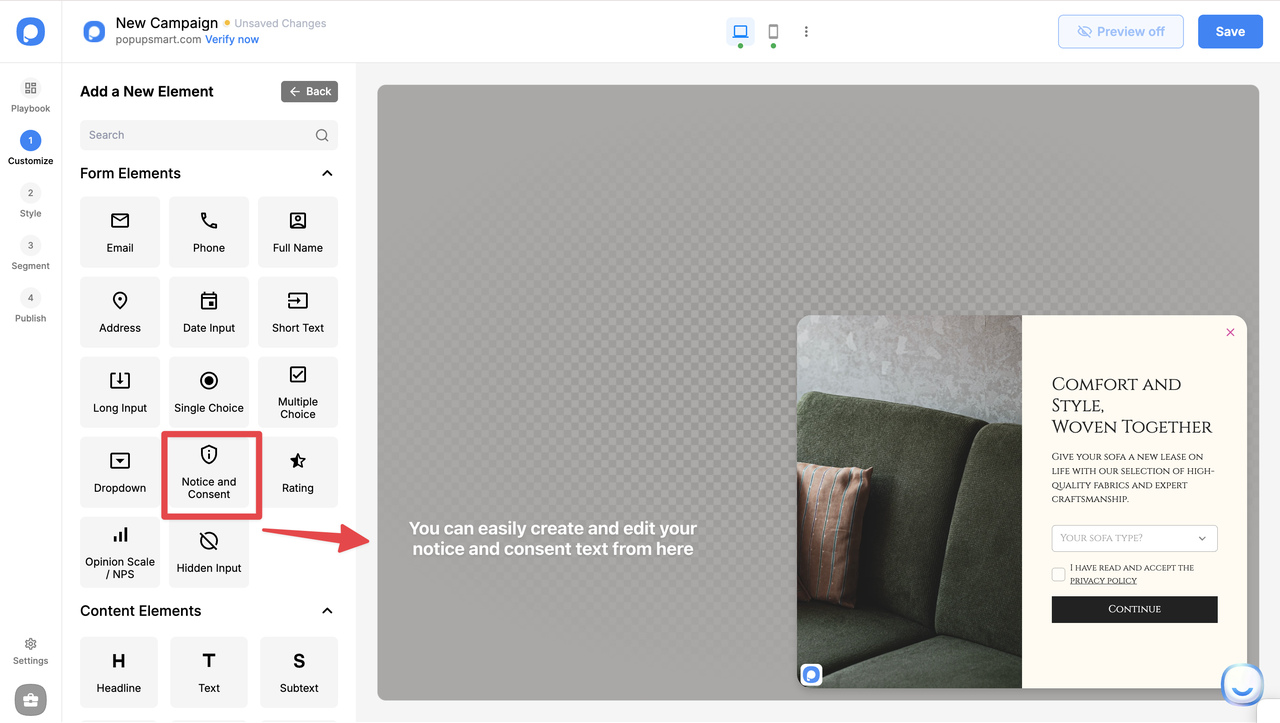 A screenshot of a website campaign editor showing a popup layout with a sofa image, text fields, and a button to continue.