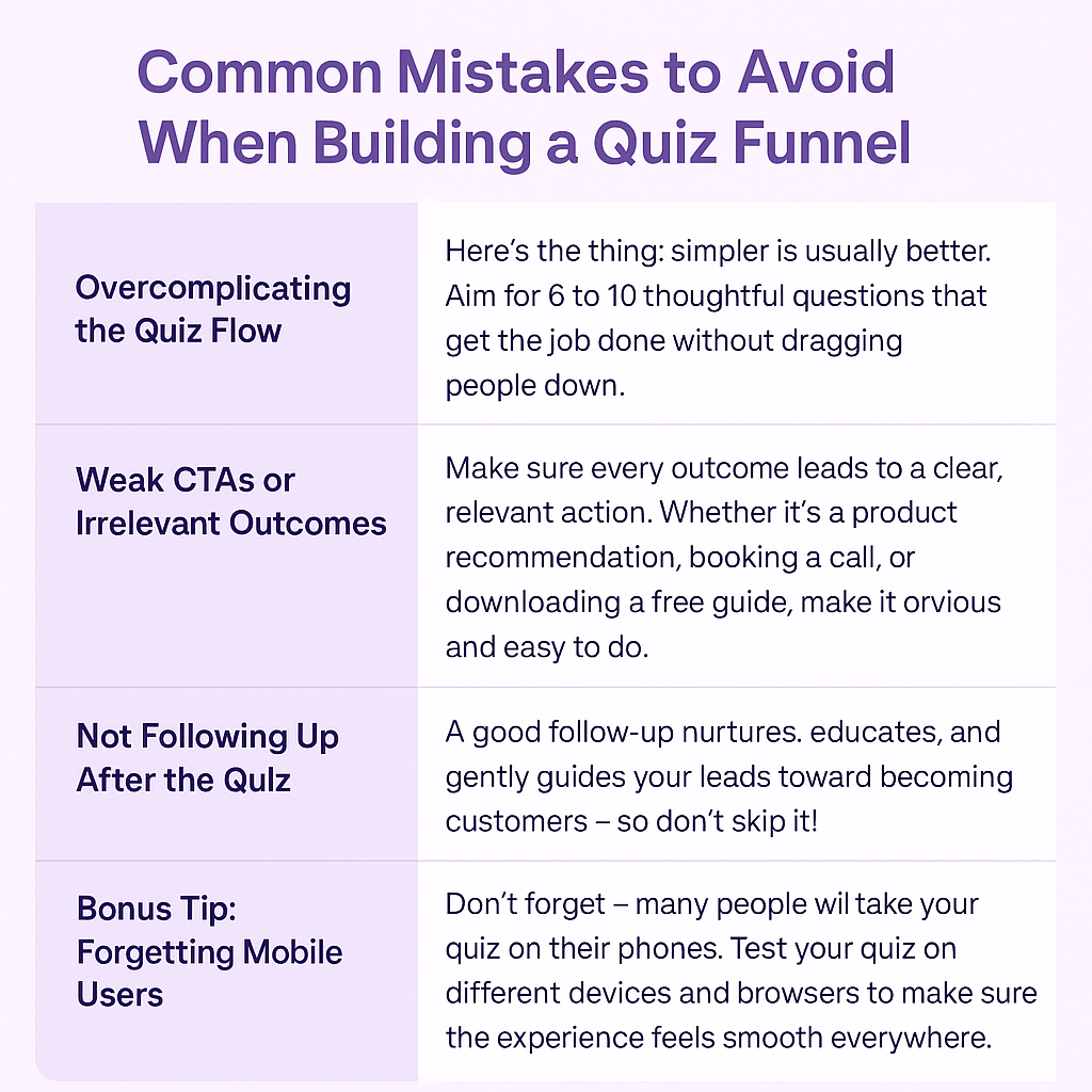 A purple table showing us the common mistakes to avoid when building a quiz funnel.