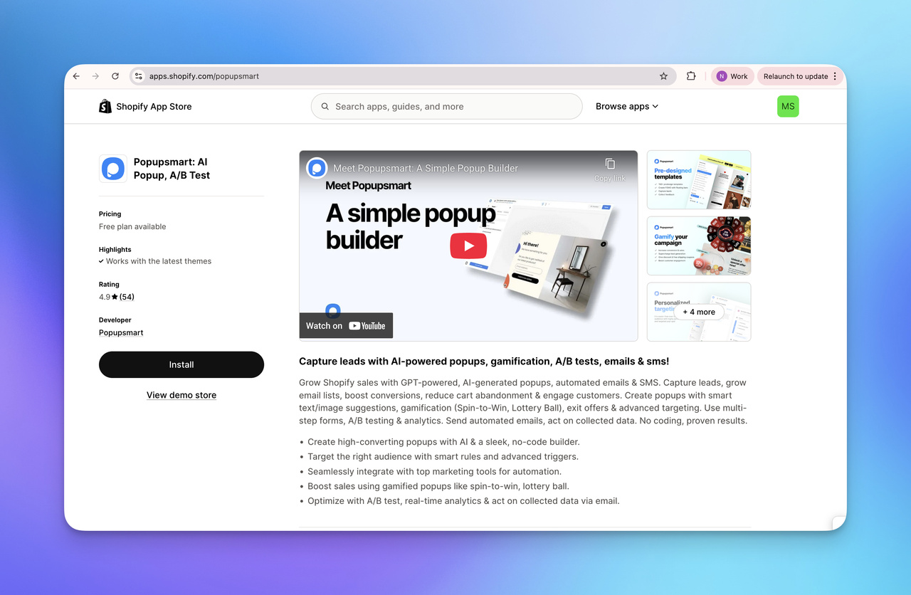 Shopify App Store page for Popupsmart, featuring a video on AI-powered popups, user rating, and installation details.