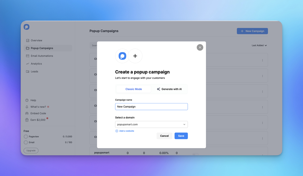 A user interface displays a "Create a popup campaign" modal, featuring options for campaign naming and domain selection.