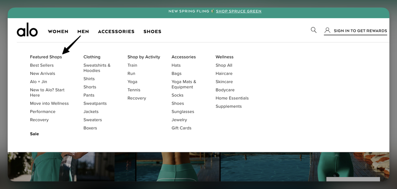Alo Yoga website with 'Featured Shops' prominently positioned at the top-left within the dropdown navigation menu, clearly organized to direct attention toward key products and categories.