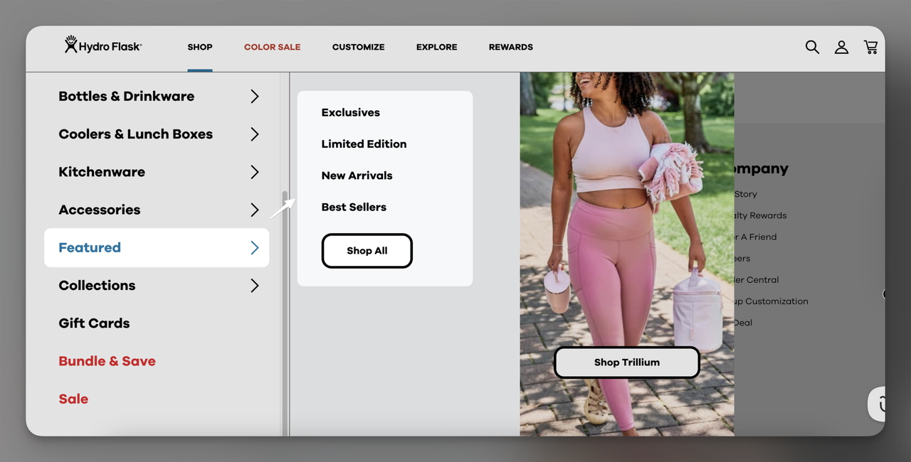 Hydro Flask menu highlighting the 'Featured' section with options like Exclusives, Limited Edition, and New Arrivals clearly marked, paired with a call-to-action 'Shop All' button for broader browsing.
