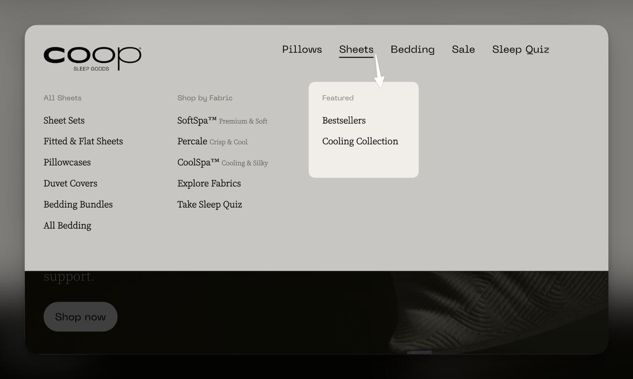 Coop Sleep Goods website showing 'Featured' products within the Sheets dropdown menu, spotlighting collections like Bestsellers and Cooling Collection distinctly from other product types.