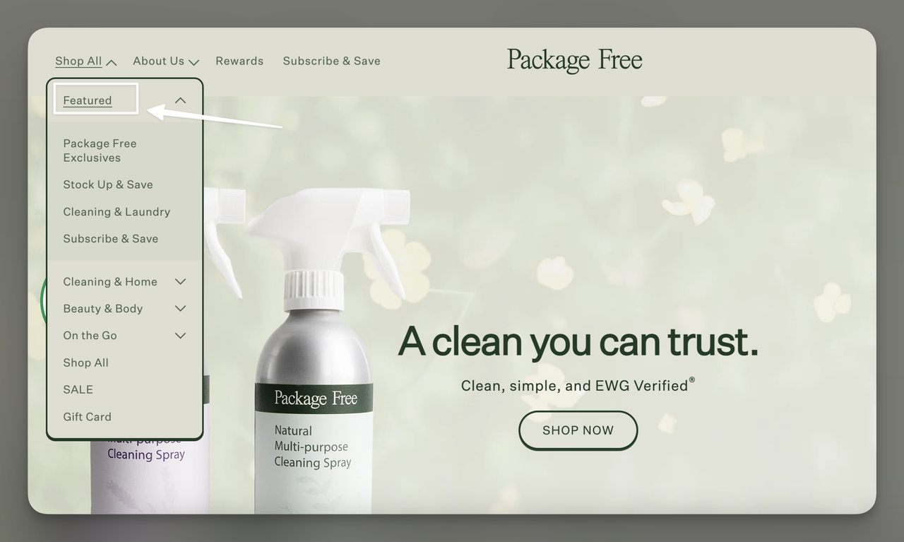 Package Free website featuring a clearly labeled 'Featured' menu positioned prominently at the top of the vertical navigation menu, streamlining user access to special product categories.