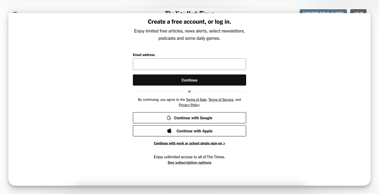 Login interstitial popup gating news content with email and social sign-in