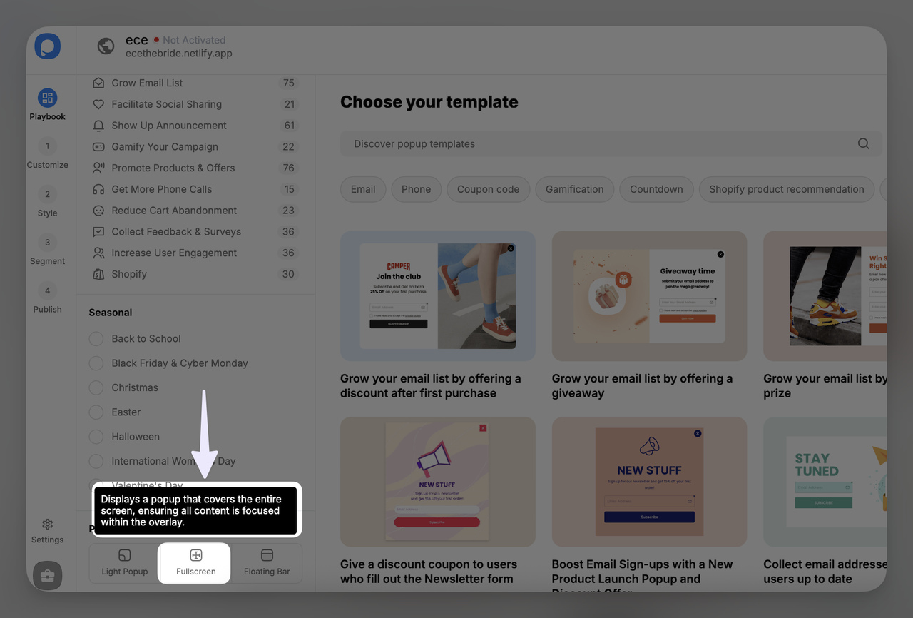 Popupsmart dashboard selecting fullscreen interstitial popup template