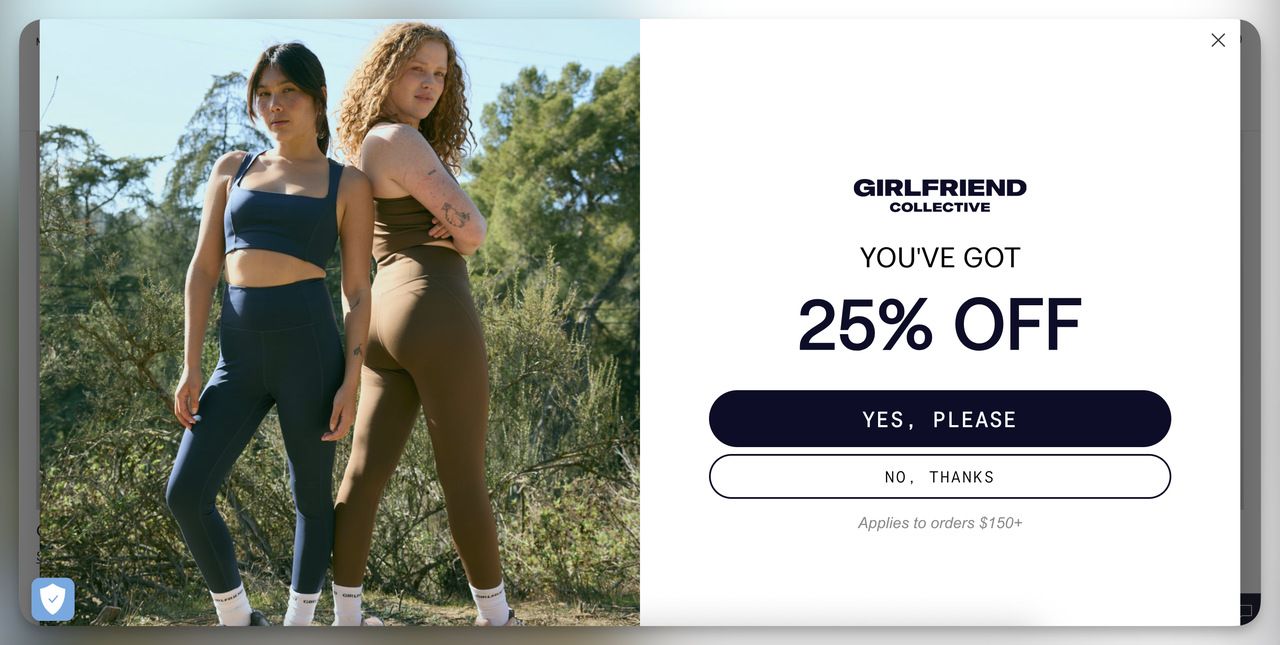 Ecommerce interstitial popup: Girlfriend Collective 25% off with Yes/No CTA