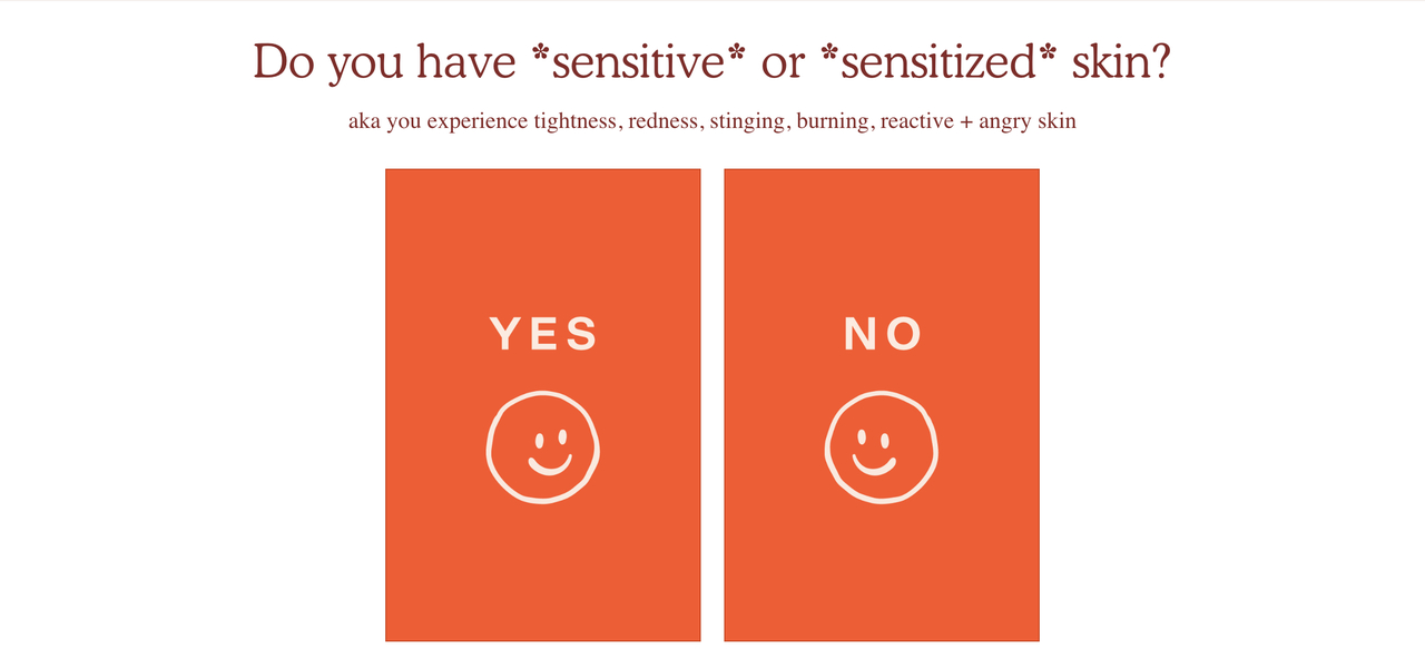 Interstitial popup example: two-choice quiz (Yes/No) for sensitive skin