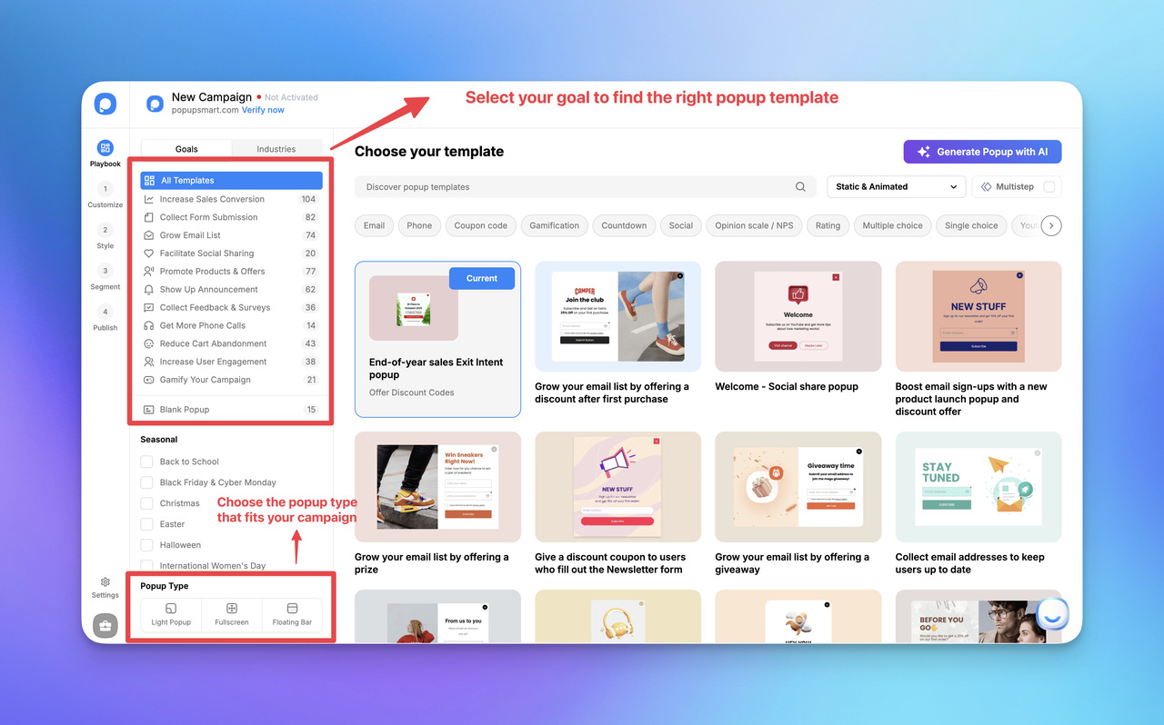 Popup template selection interface displaying various options for campaigns, including goals and seasonal categories.
