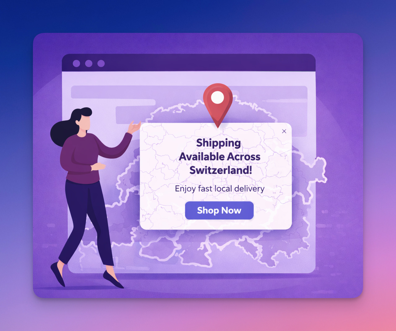 Geo-targeted popup example announcing fast local delivery across Switzerland, with location pin marker and regional personalization design.