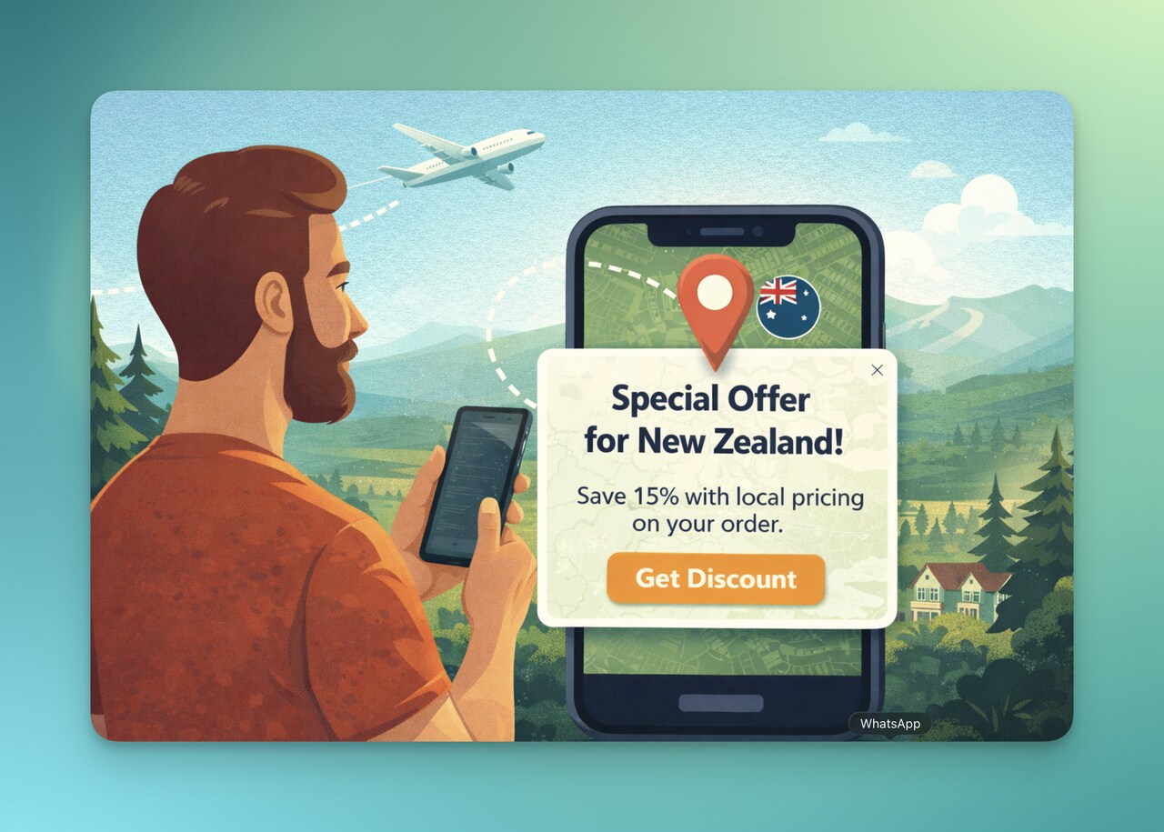 Illustration of a location-based popup offer for New Zealand on a mobile screen, promoting local pricing and regional discounts through geo-targeted popups.