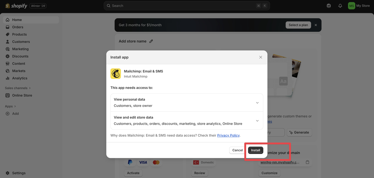 A Shopify interface displaying the Mailchimp app installation prompt, highlighting data access permissions and an 'Install' button.