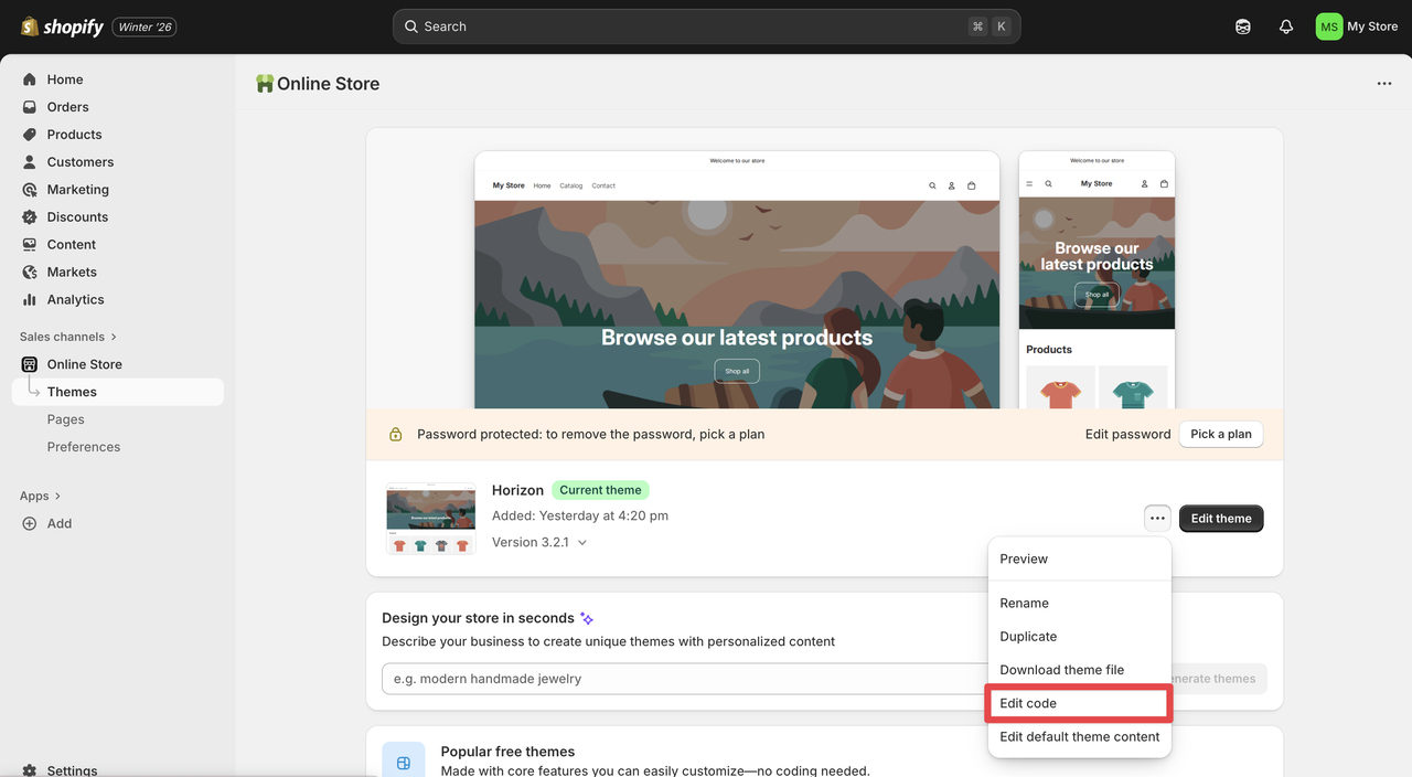 Shopify online store interface displaying theme options, including "Edit code," with a password protection notice at the top.