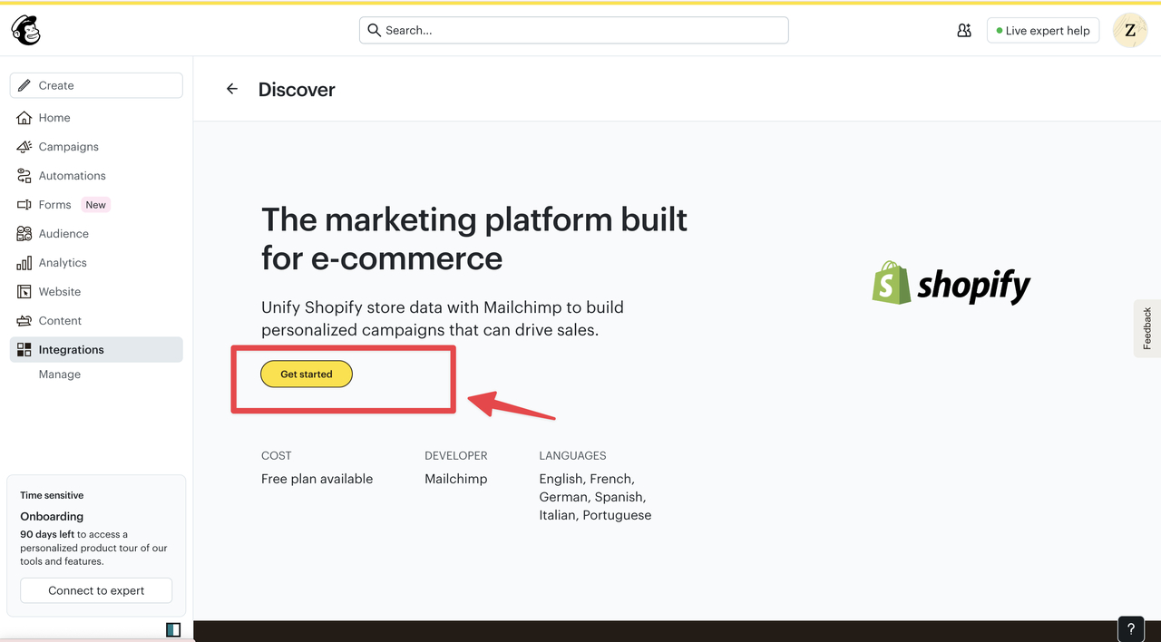 Screenshot of Mailchimp's integration page for Shopify, highlighting the "Get started" button and marketing description for e-commerce.