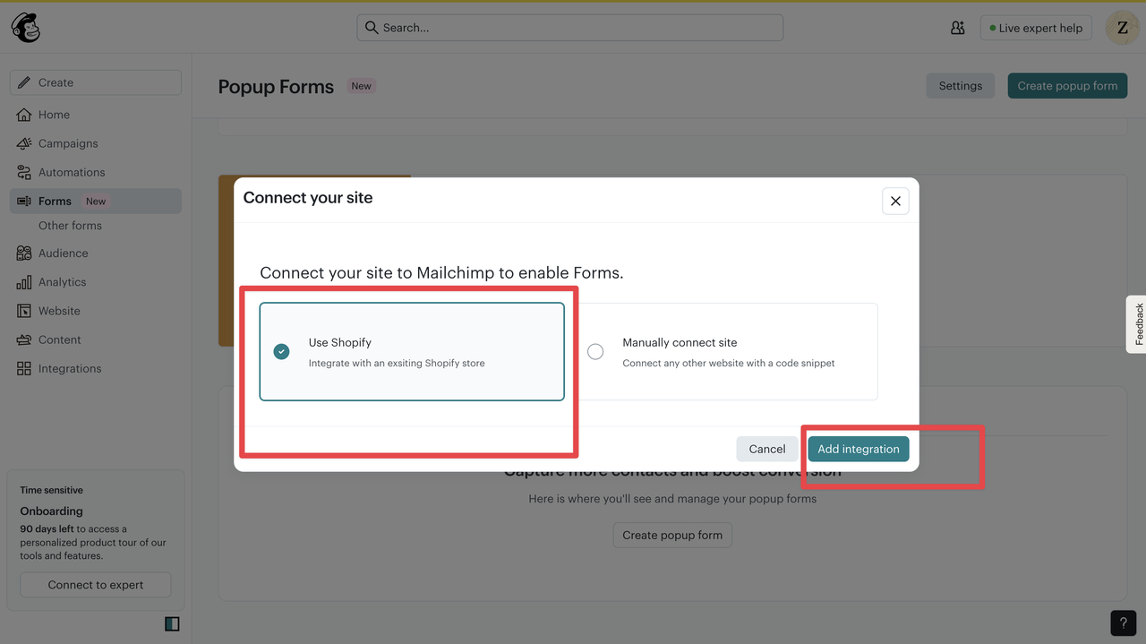 Popup dialog in Mailchimp for connecting a site, with options to use Shopify or manually connect. Highlighted "Add integration" button.