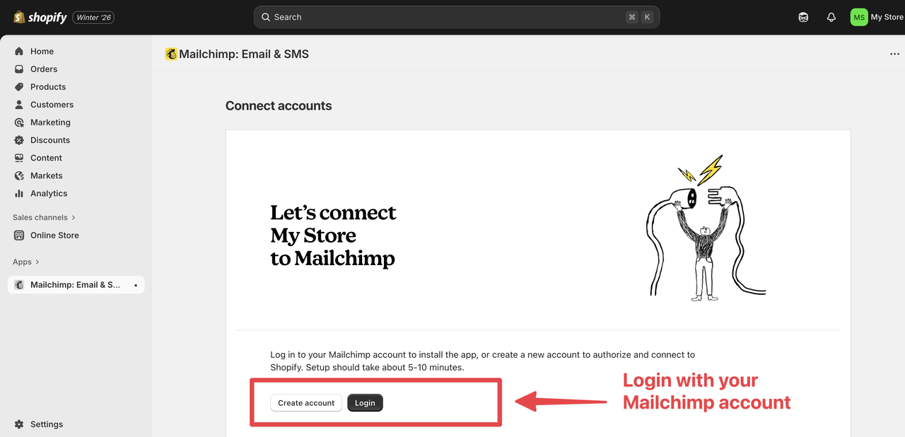Mailchimp authorization screen prompting the user to log in and connect their Mailchimp account to Shopify.”